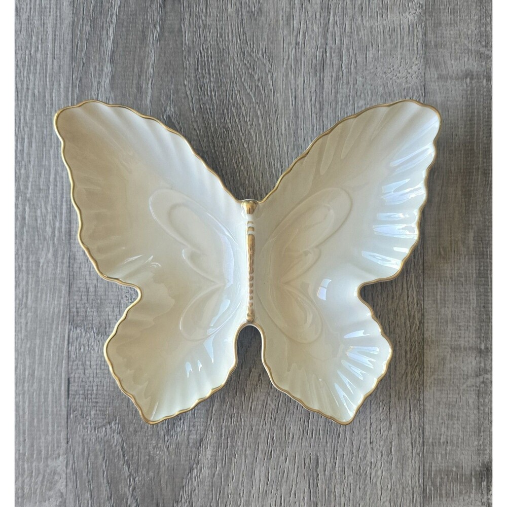 Vintage Lenox Ivory Porcelain Butterfly Trinket Dish 24k Gold Rim USA Dish EUC
